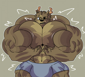 anthro big_bulge big_muscles boxer_briefs boxer_briefs_only bulge clothed clothing flexing huge_bulge huge_muscles hyper hyper_muscles male motion_lines muscular muscular_male simple_background solo topless underwear underwear_only atbuhhh deer mammal hi_res