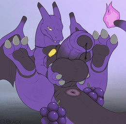 3_fingers 3_toes alternate_color anthro anus backsack ball_grab balls berry big_balls big_penis black_body black_scales bluk_berry bodily_fluids claws dripping erection fangs feet fingers fire flaming_tail food foreskin fruit genital_fluids genitals horn huge_penis humanoid_genitalia humanoid_penis jewelry looking_at_viewer male membrane_(anatomy) membranous_wings necklace nude penis plant pokemon_berry precum precum_drip presenting presenting_penis purple_body purple_scales reclining scales solo tail teeth toes wings q-blackbun mythology nintendo pokemon fan_character razz_(discario) charizard dragon generation_1_pokemon mythological_creature mythological_scalie pokemon_(species) scalie digital_drawing_(artwork) digital_media_(artwork) flat_colors hi_res
