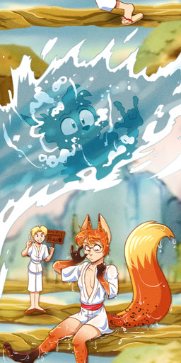 barefoot blonde_hair breast_growth breasts clothing detailed_background duo eyewear feet female fur gender_transformation glasses growth hair human_to_humanoid magic male mtf_transformation outside partially_submerged species_transformation surprised tail tail_growth text transformation transformation_sequence water wet wet_body wet_clothing wet_fur p-aei lockely animal_humanoid canid canine fox human humanoid mammal 2025 absurd_res digital_media_(artwork) english_text hi_res