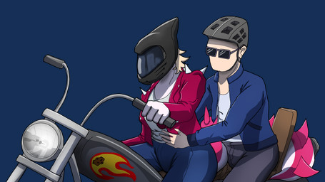 anthro biped blonde_hair blue_clothing blue_jacket blue_topwear bottomwear breasts clothed clothed_anthro clothed_female clothed_human clothed_male clothing denim denim_bottomwear denim_clothing duo eyewear female fingers furgonomics grey_bottomwear grey_clothing grey_pants hair hand_on_belly human_on_anthro humanoid_hands interspecies jacket jeans long_tail male male/female medium_hair motorcycle motorcycle_helmet non-mammal_breasts open_clothing open_jacket open_topwear pants pink_body red_clothing red_jacket red_topwear shirt simple_background sitting spiked_tail spikes spikes_(anatomy) sunglasses tail topwear transparent_background vehicle white_body white_clothing white_shirt white_topwear sebek_fereh_ra cavemanon_studios i_wani_hug_that_gator inco_(iwhtg) mia_moretti dinosaur hadrosaurid human mammal ornithischian ornithopod parasaurolophus prehistoric_species reptile scalie 16:9 alpha_channel colored hi_res shaded widescreen