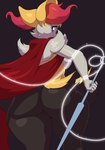 5_fingers anthro biped black_body black_fur breasts butt cheek_tuft closed_smile clothing eyelashes facial_tuft female fingers fur holding_melee_weapon holding_object holding_weapon inner_ear_fluff looking_back melee_weapon mouth_closed purple_eyes rear_view red_body red_clothing red_fur red_inner_ear_fluff smile solo standing thread tuft weapon white_body white_fur white_sclera yellow_body yellow_fur juzztie hollow_knight nintendo pokemon team_cherry braixen generation_6_pokemon pokemon_(species) 2025 hi_res