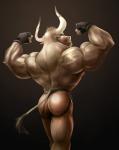 anthro back_muscles biceps big_muscles biped black_bottomwear black_clothing black_underwear bottomwear brown_background brown_body brown_fur brown_tail butt clothed clothing fingerless_gloves flexing fur gloves handwear horn horn_jewelry horn_ring jewelry jockstrap looking_at_viewer looking_back male muscular muscular_anthro muscular_male rear_view ring_(jewelry) simple_background smile smirk snout solo standing tail tail_tuft tattoo topless triceps tuft underwear white_horn frostbiteposters evane buck_(evane) bovid bovine cattle mammal 2014 digital_media_(artwork) hi_res portrait three-quarter_portrait