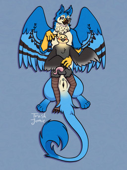anthro balls beak black_body black_feathers black_talons blue_body blue_feathers blue_fur brown_beak brown_feet brown_legs claws duo feathers feet female feral fluffy fluffy_chest fluffy_ears fluffy_tail fur genital_piercing genitals grey_body grey_feathers hug long_tail looking_at_another male male/female male_on_top neck_tuft on_top orange_body orange_feathers penis piercing pink_penis smile stacked tail tan_body tan_feathers tan_fur tapering_penis text tuft vulva vulva_piercing yellow_body yellow_claws yellow_feathers trashjeanie mythology dima_(electrotiel) irene_(purpthegryphon) american_kestrel avian bird cockatiel cockatoo felid gryphon hybrid lion mammal mythological_avian mythological_creature pantherine parrot 3:4 absurd_res artist_name hi_res signature