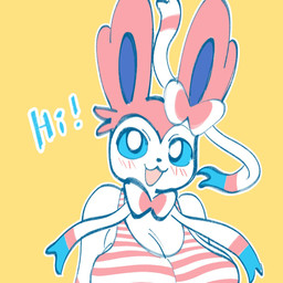 :3 anthro big_breasts blue_body blue_eyes blue_fur bow_(anatomy) breasts cleavage clothed clothing female fur looking_at_viewer open_mouth open_smile pink_body pink_fur pokemorph ribbons_(anatomy) simple_background smile solo white_body white_fur yellow_background mochichiart nintendo pokemon eeveelution generation_6_pokemon pokemon_(species) sylveon 1:1 2026 bust_portrait digital_drawing_(artwork) digital_media_(artwork) hi_res portrait