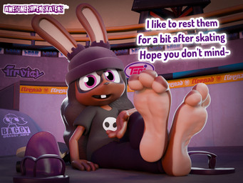 3_toes 3d_background anthro barefoot bottomwear buckteeth clothed clothing countershade_feet countershading crossed_legs dialogue discarded_footwear feet female fingers flip_flops foot_fetish foot_focus footwear hair hat headgear headwear humanoid_feet looking_at_viewer open_mouth plantigrade public sandals sandals_removed shoes sitting skateboard skater smile soles solo talking_to_viewer teeth text toes topwear two_tone_feet vehicle baggy_(artist) awesome_super_skaters_(series) reb_(baggy) lagomorph leporid mammal rabbit 3d_(artwork) 4:3 blender_(artwork) digital_media_(artwork) english_text hi_res mixed_media