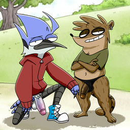 anthro balls belly black_clothing black_underwear clothed clothing crop_top crotch_tuft crouching duo ear_piercing ear_ring footwear genitals glans grass grin hoodie humanoid_genitalia humanoid_penis male male/male outside pantsless park penis penis_poking_out piercing plant ring_piercing shirt shoes smile standing topwear tuft underwear platislut rocky_rakoon cartoon_network regular_show mordecai_(regular_show) rigby_(regular_show) avian bird blue_jay corvid jay_(bird) mammal new_world_jay oscine passerine procyonid raccoon 1:1 hi_res