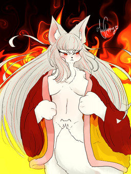 angry anthro asian_clothing big_breasts blush blush_lines breasts clothed clothing covering covering_crotch covering_vulva drawing_on_body east_asian_clothing female fire flashing fur japanese_clothing kemono kimono kimono_only navel partially_clothed red_eyes solo white_body white_fur maxhappy pussy-cat_(meme) angry_fox_(maxhappy) canid canine fox mammal 3:4 absurd_res hi_res