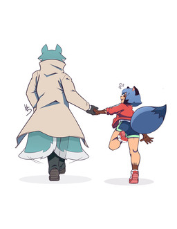 anthro blue_body blue_fur bottomwear butt clothed clothing coat dipstick_tail duo eyes_closed facial_markings female footwear fur gloves gloves_(marking) hand_holding hand_in_pocket handwear happy head_markings jacket larger_male leg_markings looking_at_another male male/female markings mask_(marking) open_mouth open_smile pockets rear_view secretly_loves_it shirt shoes shorts simple_background size_difference smaller_female smile sneakers socks_(marking) tail tail_markings tail_motion tailwag tan_body topwear walking walking_together white_background high5art brand_new_animal studio_trigger michiru_kagemori shirou_ogami canid canine canis mammal raccoon_dog tanuki wolf 2022 absurd_res digital_media_(artwork) hi_res signature