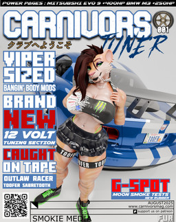 alternative_fashion anthro big_breasts breasts brown_hair car choker clothing crop_top eyebrow_piercing facial_piercing fangs female footwear fur g-string goth green_eyes hair jewelry magazine makeup messy_hair navel navel_piercing necklace nipple_outline nipples nose_piercing nose_ring piercing pose qr_code ring_piercing sabertooth_(anatomy) shirt shoes smile solo tan_body tan_fur teeth text thick_thighs thong thong_straps topwear tube_top under_boob underwear vehicle mixedtoofer dc_shoes dodge_(brand) dodge_viper monster_energy subaru toofer felid mammal prehistoric_species saber-toothed_tiger 3d_(artwork) absurd_res cover digital_media_(artwork) english_text hi_res magazine_cover pinup