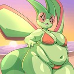 1:1 2023 anthro antlion arthropod beach bikini breasts cleavage clothed clothing female flygon garuda_six generation_3_pokemon green_body hand_on_hip hi_res insect nintendo nipple_outline overweight overweight_anthro overweight_female pokemon pokemon_(species) seaside smile solo swimwear thick_thighs wings