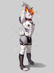 4_toes 5_fingers abs anthro athletic athletic_anthro athletic_male blush bulge feet fingers fur hair looking_at_viewer male navel nipple_tape orange_hair pasties pecs short_tail simple_background solo standing tail tape toes tuft white_body white_fur white_tail husdingo nintendo pokemon cinderace generation_8_pokemon pokemon_(species) 3:4 digital_media_(artwork) hi_res