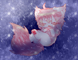ambiguous_gender bodily_fluids chibi crying feral fur hair kemono pawpads pink_body pink_fur pink_hair pink_pawpads pink_tail semi-anthro solo space tail tears white_body white_fur deaic canid canine fox mammal 2017 hi_res