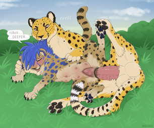 animal_genitalia animal_penis animal_vulva balls big_balls big_penis bite biting_another biting_hair black_spots blue_hair blue_spots blush blush_lines bodily_fluids brown_body brown_fur claws cloud countershading dialogue duo eyes_closed feline_genitalia feline_penis feline_vulva female feral fur genital_fluids genitals grass hair hand_on_another's_arm hand_on_another's_hip hand_on_hip huge_balls huge_penis hyper hyper_balls hyper_genitalia interior_view male male/female markings multi_nipple multicolored_body multicolored_fur nipples onomatopoeia open_mouth orange_eyes outside outside_sex pawpads paws penetration penis plant raised_leg raised_tail sex shrub sky skyscape sound_effects speech_bubble spiked_penis spikes spikes_(anatomy) spots spotted_body spotted_fur tail teats text toony vaginal vaginal_fluids vaginal_penetration vulva yellow_body yellow_fur digitoxici bluebonnet jasiri cheetah felid feline mammal 2026 colored digital_drawing_(artwork) digital_media_(artwork) english_text hi_res
