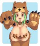 big_breasts breasts brown_eyes claw_pose claws clothed clothing cosplay costume female fur_clothing green_hair hair looking_at_viewer not_furry open_mouth pasties reaching_towards_viewer skimpy solo yaise kuma_(character) pedobear pedobear_(kuma) human mammal digital_media_(artwork) meme