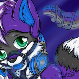 anthro ball_gag bioluminescence electronics fur gag gagged glowing green_eyes halter harness harness_ball_gag harness_gag headphones male music muzzle_(object) muzzled purple_body purple_fur solo shadow-san foxtailedcritter canid canine fox mammal 1:1