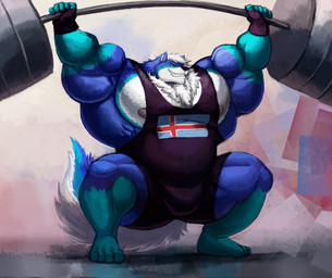 4_toes 5_fingers anthro areola belly big_belly big_bulge big_muscles big_pecs biped blue_body blue_fur bulge clothing countershading exercise feet fingerless_gloves fingers fur gloves grin hair handwear huge_muscles huge_pecs icelandic_flag leotard male musclegut muscular muscular_anthro muscular_arms muscular_male muscular_thighs nipples overweight overweight_anthro overweight_male pecs simple_background smile solo tail toes weightlifting weights white_body white_countershading workout silver-stag jon_bergstrom canid canine canis domestic_dog husky mammal nordic_sled_dog spitz digital_media_(artwork) hi_res