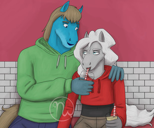 5_fingers alternate_species alternate_universe anthro bangs bench bent_arm black_clothing black_lips black_shirt black_topwear blue_bottomwear blue_clothing blue_lips blue_pants blue_scar bottomwear brick brick_wall brown_bottomwear brown_clothing brown_eyebrows brown_hair brown_pants brown_tail closed_smile clothed clothed_anthro clothed_male clothing drinking drinking_milkshake drinking_straw duo eye_contact eyebrows facial_scar fingers fully_clothed fully_clothed_anthro fully_clothed_male fur green_clothing green_hoodie green_topwear grey_body grey_fur hair half-closed_eyes hand_on_shoulder holding_milkshake hoodie inside larger_anthro larger_male lidded_eyes light lips logo long_hair long_tail looking_at_another male male/male medium_hair mouth_closed multicolored_body multicolored_fur narrowed_eyes on_bench pants pink_tongue pink_wall pockets red_clothing red_hoodie red_topwear romantic romantic_ambiance scar shirt sitting sitting_on_bench size_difference smaller_anthro smaller_male smile smiling_at_another smiling_at_each_other tail thick_bottom_lip tongue topwear wall_(structure) wavy_hair wavy_tail white_hair white_tail skywater azrael_(tertia) nathile_tiduna equid equine horse mammal 2026 6:5 absurd_res adobe_photoshop_(artwork) artist_logo colored digital_drawing_(artwork) digital_media_(artwork) english_description hi_res lighting shaded