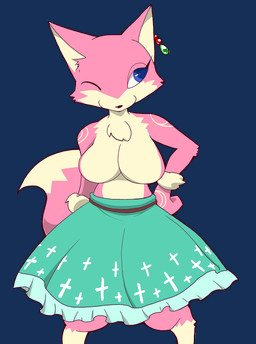 anthro big_breasts biped blue_eyes bottomwear breasts chest_tuft clothed clothing cross dipstick_tail ear_piercing featureless_breasts female fur markings one_eye_closed piercing pink_body pink_fur simple_background skirt solo standing tail tail_markings topless transparent_background tuft wink hukurama canid canine fox mammal alpha_channel