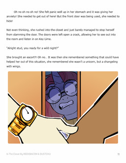 anthro clenched_teeth clock dialogue eyewear female glasses gold_watch group hand_holding horn male picture_book round_glasses sharp_canines teeth text trio watch wristwatch redxbacon dastchu_(author) hasbro my_little_pony mythology fan_character golden_keylime_(oc) scribble_snug_(oc) equid equine mammal mythological_creature mythological_equine unicorn english_text
