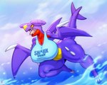 absurd_res anthro big_breasts bottomless breasts clothed clothing discovery_channel english_text female garchomp generation_4_pokemon genitals hi_res meme nintendo open_mouth pokemon pokemon_(species) pokemorph pussy realistic_wings shark_week shirt solo tank_top text text_on_clothing text_on_topwear thick_thighs topwear walter_sache water winged_arms wings