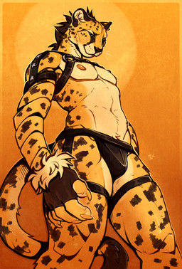 anthro black_body black_fur black_mane black_markings black_nose blue_eyes body_hair chest_harness claws clothing coiled_arms fingerless_gloves fur gloves handwear happy_trail harness jockstrap light_border looking_at_viewer male mane markings mastectomy_scar nipples orange_background orange_nipples orange_scar scar simple_background smile smirk solo spots spotted_body spotted_markings tail tan_body tan_fur tan_markings underwear yellow_body yellow_claws yellow_fur interkos arms_(game) champ_cheetah_(najaside) fan_character cheetah felid feline king_cheetah mammal 2024 colored_sketch hi_res portrait sketch three-quarter_portrait nonbinary_(lore) trans_(lore)