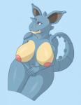 anthro big_breasts biped breasts female hands_in_lap high-angle_view horn modest nipples sitting smile solo fluffboye nintendo pokemon generation_1_pokemon nidoqueen pokemon_(species) hi_res