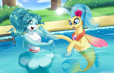 anthro duo female outside partially_submerged split_form swimming_pool water pyroxtra brand_new_animal friendship_is_magic hasbro my_little_pony my_little_pony:_the_movie_(2017) studio_trigger nina_flip princess_skystar_(mlp) aquatic cetacean dolphin fish mammal merfolk oceanic_dolphin seapony_(mlp) toothed_whale 14:9 absurd_res hi_res