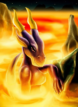 anthro bath breasts claws female horn lava lava_bath mountain night non-mammal_breasts nude purple_body red_eyes solo star mythology dragon mythological_creature mythological_scalie scalie hi_res