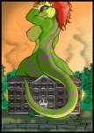 anthro biped black_border border breasts butt female gender_symbol green_body hair intersex_symbol macro nipples non-mammal_breasts non-mammal_nipples nude rear_view red_hair sitting solo stripes symbol tail mr_person doral gecko lizard reptile scalie