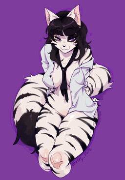 anthro black_hair breasts female genitals hair long_hair purple_background purple_eyes simple_background sitting solo tail thick_thighs vulva wide_hips kirikatt felid mammal absurd_res hi_res
