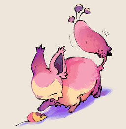 ambiguous_gender eyes_closed feral fur paws pink_body pink_fur playing simple_background solo tail toy otiksimr nintendo pokemon felid feline generation_3_pokemon mammal pokemon_(species) skitty 2025 hi_res