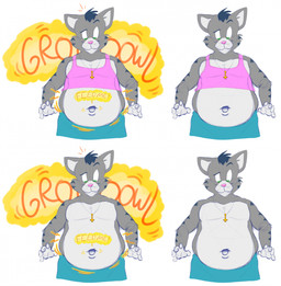 5_fingers anthro belly bottomwear clothing deep_navel eyebrows featureless_chest fingers fur grey_body grey_fur jewelry male markings motion_lines navel necklace onomatopoeia overweight pants simple_background solo sound_effects striped_body striped_fur striped_markings stripes text furshinku peter_(furshinku) domestic_cat felid feline felis mammal hi_res