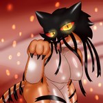 abstract_background anthro biped breasts claws female female_anthro fur looking_at_viewer mask nipples nude open_mouth orange_body orange_fur sharp_teeth solo stripes teeth thick_thighs yellow_eyes nameigo dream_tiger_(govy9807) felid mammal pantherine tiger absurd_res hi_res