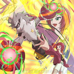 anthro arm_cannon belt bottomwear clothing cybernetic_arm cybernetic_limb duo female footwear fur green_eyes grey_body grey_fur grey_hair hair jacket mask mechanical_arm open_mouth pants red_eyes red_hair shirt shoes shorts star topwear weapon_arm white_body white_fur wata_neji bandai_namco digimon digimon_beatbreak reina_sakuya digimon_(species) human mammal wolvermon 1:1 2026 digital_media_(artwork) hi_res