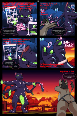 anthro biped black_body black_hair black_nose brown_body brown_fur butt cave clothed clothing crystal dialogue duo eyewear fur genitals glans glasses glistening glistening_body green_eyes green_glans green_pawpads green_penis hacking hair latex_body male multi_arm multi_limb multicolored_hair nude open_mouth pawpads penile_spines penis pink_hair raised_tail skimpy speech_bubble tail tentacles text topless two_tone_hair sexotheque dungeons_and_dragons hasbro wizards_of_the_coast asinus coeurl displacer_beast donkey equid equine mammal 2024 2:3 absurd_res comic digital_media_(artwork) english_text hi_res