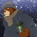 anthro belly black_nose brown_body clothing hat headgear headwear humanoid_hands kemono male outside overweight overweight_male scarf snow snowing solo sweater topwear shun1124 morenatsu juuichi_mikazuki bear mammal 1:1 2014