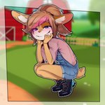 anthro barn bedroom_eyes blush brown_hair clothed clothing female footwear fur grin hair narrowed_eyes outside overalls pink_nose purple_eyes scut_tail seductive shoes short_tail smile solo tail tan_body tan_fur young young_female sicmop lagomorph leporid mammal rabbit 1:1 2023 hi_res