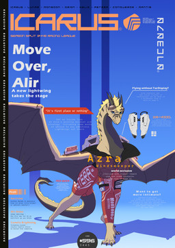 ambiguous_gender black_body black_horn black_membrane black_scales blonde_mane blue_eyes feral fur futuristic futuristic_theme green_body green_scales horn mane membrane_(anatomy) membranous_wings scales science_fiction solo text wings yellow_body yellow_fur creativeclaws mythology azra_windsweeper dragon mythological_creature mythological_scalie scalie cover english_text hi_res magazine_cover