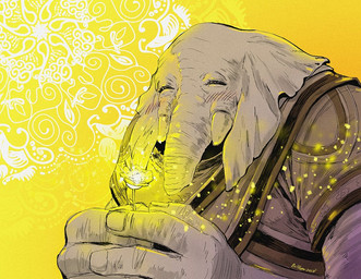 anthro blush clothed clothing dress eyes_closed female floral_background flower glowing grey_body happy holding_flower holding_object plant proboscis_(anatomy) sari_(clothing) solo trunk_(anatomy) tusks bellpepper final_fantasy final_fantasy_xiv square_enix nidhana_(ffxiv) arkasodara elephant elephantid mammal proboscidean 2022 dated signature yellow_theme