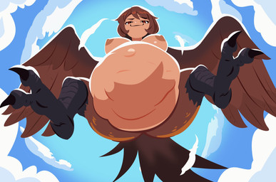 abdominal_bulge ambiguous_gender ambiguous_prey belly big_belly black_body breasts brown_body brown_feathers brown_hair claws cloud feathers female hair huge_belly hyper hyper_belly low-angle_view medium_breasts multicolored_body narrowed_eyes navel nipples overweight overweight_female overweight_humanoid red_eyes sky smug smug_expression smug_face solo spread_legs spreading toe_claws vore wings smuggoblin european_mythology greek_mythology mythology mariposa_(smuggoblin) animal_humanoid avian avian_humanoid harpy harpy_humanoid humanoid mythological_avian mythological_creature 2026 absurd_res digital_drawing_(artwork) digital_media_(artwork) hi_res redraw