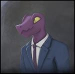 anthro black_border border clothing necktie pupils purple_body purple_scales scales sharp_teeth slit_pupils smile solo suit teeth yellow_eyes eurocreep third-party_edit goosebumps half-life valve g-man alien creep_(goosebumps) lizard reptile scalie digital_media_(artwork) digital_painting_(artwork) half-length_portrait portrait