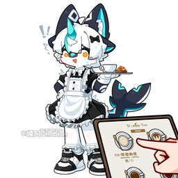 4_ears 4_fingers ambiguous_gender anthro bangs beverage black_body black_ears black_fur blue_horn blue_inner_ear blush blush_lines bodily_fluids bottomwear bow_ribbon cetacean_tail circle_eyebrows clothed clothing coffee crossdressing disembodied_hand duo emanata exclamation_point eyebrows facial_tuft fingers footwear frilly frilly_bottomwear frilly_clothing frilly_footwear frilly_legwear frilly_skirt frilly_socks fur fur_markings gesture hair hand_gesture hand_on_hip holding_tray horn inner_ear_fluff innuendo legwear looking_at_another maid_apron maid_uniform male markings menu multi_ear open_mouth orange_eyes pointing shoes simple_background skirt sneakers socks sugar surprised sweat sweatdrop text triangle_mouth tuft uniform white_background white_body white_fur white_hair white_inner_ear_fluff white_markings young young_anthro young_male windbiom hefeng_character aquatic cetacean furred_cetacean human humanoid mammal 1:1 chinese_text hi_res translated watermark