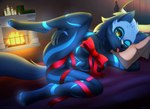 anthro bed bedroom candle christmas_present female fireplace fur furniture gift glowing glowing_body glowing_fur glowing_markings light markings moonlight solo spread_legs spreading teasing wrapped_up erdfurry luna_(hunterx90) canid canine canis mammal wolf