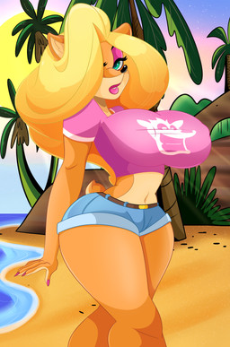 5_fingers anthro beach big_breasts black_nose blonde_hair bottomwear breasts clothing colored_nails eyelashes eyeshadow female fingers hair hair_over_eye lipstick makeup midriff nails navel one_eye_obstructed palm_tree plant sand sea seaside shirt shorts sky solo sun topwear tree water wide_hips sonson-sensei activision crash_bandicoot_(series) tawna_bandicoot bandicoot mammal marsupial 2020 absurd_res hi_res