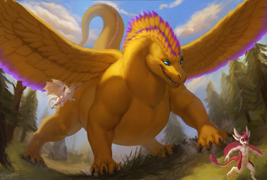 anthro blue_eyes forest_background group nude outside plant red_eyes running sky smile tail white_body wings yellow_body dimonis mythology dragon mythological_creature mythological_scalie scalie digital_drawing_(artwork) digital_media_(artwork) hi_res