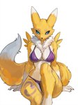 big_breasts bikini bikini_bottom bikini_top black_cornea black_eyes blue_eyes breasts chest_tuft claws clothing curvy_figure female fluffy fluffy_tail fur fur_markings looking_at_viewer markings natural_breasts pointy_ears purple_bikini purple_bikini_bottom purple_bikini_top purple_clothing purple_swimwear simple_background sitting swimwear tail thick_thighs tuft two-piece_swimsuit white_body white_fur white_hands wide_hips yellow_body yellow_fur xing47197 bandai_namco digimon digimon_(species) renamon absurd_res hi_res