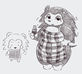 4_fingers anthro apron apron_only belly beverage big_breasts black_nose bodily_fluids bottle breasts cheek_spots clothing container different_artstyle duo female fingers freckled_breasts freckled_face freckles gloves_(marking) grey_background half-closed_eyes hand_on_hip holding_bottle holding_container holding_object holding_soda leg_markings markings narrowed_eyes open_mouth open_smile overweight overweight_anthro overweight_female pattern_apron pattern_clothing plaid plaid_apron plaid_clothing quill_hair simple_background smile smiling_at_viewer socks_(marking) soda solo solo_focus striped_markings striped_tail stripes sweat sweatdrop tail tail_markings voluptuous_anthro voluptuous_female wide_hips oofmasterxd animal_crossing nintendo mabel_able sable_able eulipotyphlan hedgehog mammal greyscale hi_res monochrome portrait sketch