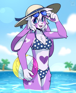 4_fingers anthro bikini blue_eyes breasts clothing day eyelashes eyewear eyewear_on_head female fingers fur hair hat headgear headwear heart_(marking) holding_object long_ears markings medium_breasts multicolored_body multicolored_fur navel open_mouth open_smile outside palm_tree partially_submerged pawpads pink_nose plant purple_body purple_fur purple_pawpads short_hair sky slim smile solo sunglasses sunglasses_on_head swimwear tail tree two-piece_swimsuit wearing_sunglasses white_body white_fur white_hair fleurfurr lagomorph leporid mammal rabbit hi_res