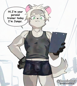 adolescent anthro arm_tuft biped black_bottomwear black_clothing black_gloves black_handwear black_nose black_shirt black_shorts black_tank_top black_topwear bottomwear bulge cheek_tuft clipboard closed_smile clothed clothed_anthro clothed_male clothing countershade_fur countershading detailed_bulge dialogue elbow_tuft eyebrows facial_tuft fingers front_view fur glistening glistening_eyes gloves green_eyes grey_body grey_fur grey_tail hair hand_on_hip handwear holding_clipboard holding_object looking_at_viewer looking_down looking_down_at_viewer male male_anthro mouth_closed pink_inner_ear shirt shorts smile solo speech_bubble standing tail tank_top text topwear tuft white_eyebrows white_hair young young_anthro young_male booiaher junqui_(booiaher) chinchilla chinchillid mammal rodent 2026 artist_name digital_media_(artwork) english_text hi_res