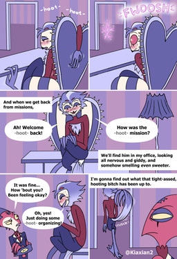 4_eyes 4_fingers anthro beak black_beak blush bodily_fluids bottomwear canon_couple chair chest_tuft cleavage_cutout clothing coat covering covering_mouth crossed_legs cutout desk dialogue door duo eyebrows eyes_closed feather_hair feather_tuft feathers feet fingerless_gloves fingers forehead_mark frown furniture furniture_lamp gloves glowing_pupils grey_body grey_feathers half-closed_eyes handwear heart_(marking) hoot_(sound_effect) horn inside keyhole_turtleneck lamp male markings masturbation multi_eye multicolored_body narrowed_eyes nervous office office_chair on_chair on_table onomatopoeia open_mouth open_smile pants portal profanity pseudo_hair raised_eyebrow raised_tail red_body red_eyes red_sclera shirt sitting sitting_on_chair sitting_on_table smile sound_effects speech_bubble sweat sweatdrop sweater table tail tail_feathers talon_hands talons text toes topwear tuft turtleneck wallpaper_(decoration) yellow_sclera kiaxian2 hellaverse helluva_boss blitzo_(helluva_boss) stolas_(helluva_boss) avian bird demon demon_humanoid horned_humanoid humanoid imp owl owl_demon absurd_res artist_name comic english_text hi_res watermark